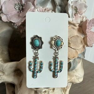 Turquoise Cactus Dangle Earrings - Silver Plated Turquoise Howlite - NEW